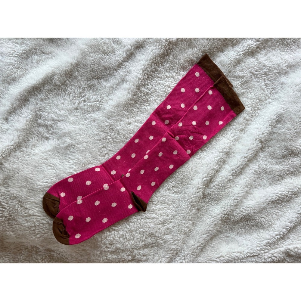 Pink Polka Dot Knee High Socks Brown Accents Retro Style Size S/M